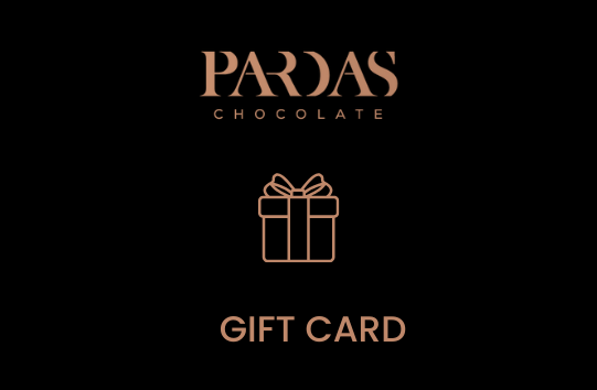 Pardas Chocolate gift card design with a gift icon on a black background